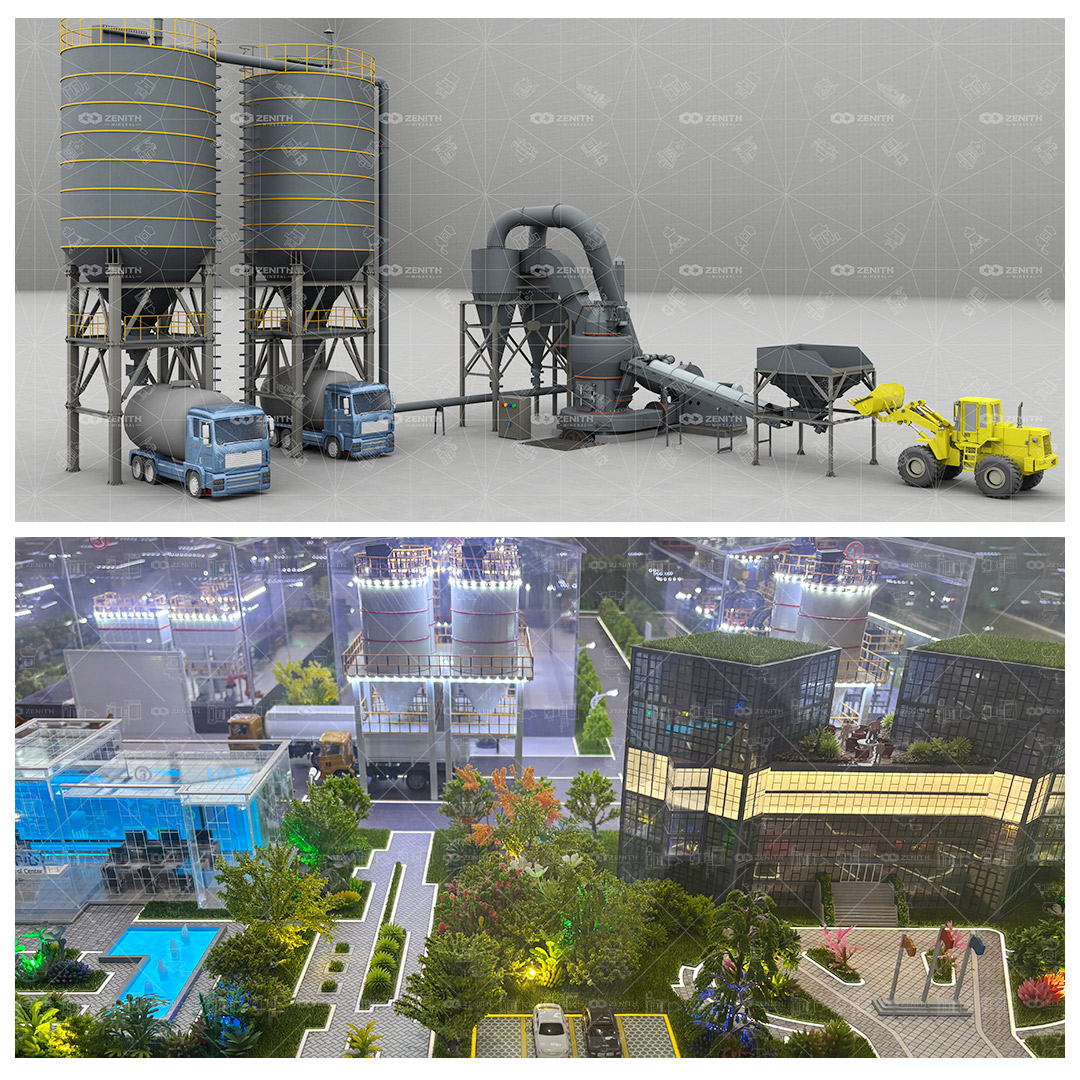 Close-up view of limestone powder being mixed into asphalt at a production plant